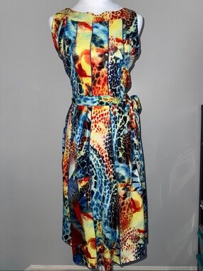 Ile New York Sleeveless Multicolor Printed Belted Midi Dress Sz 10